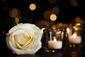 White rose next to lit votive candles; calm and quiet atmosphere