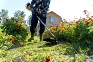 Man using a weedeater to care for lawn