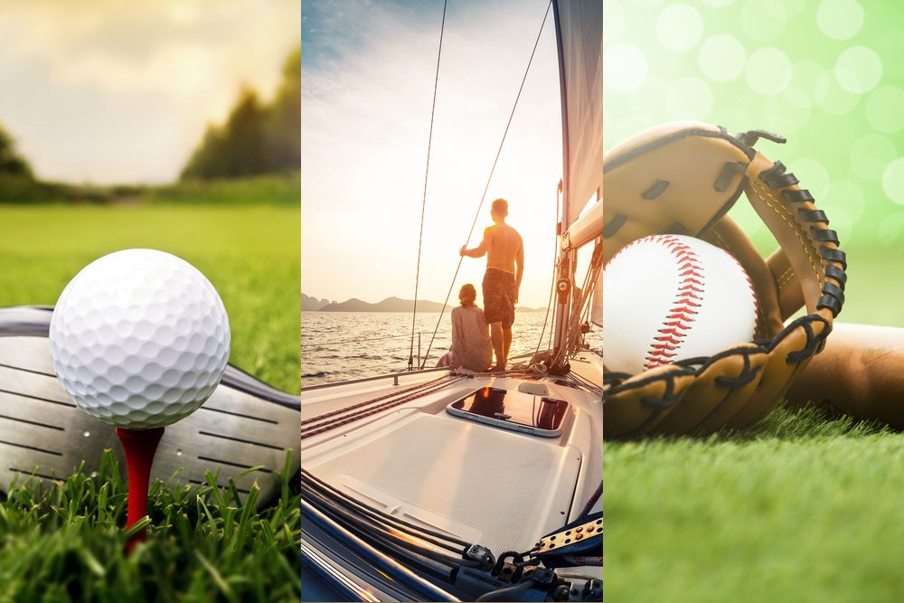 Collage: golf ball and club, two people on a boat at sunset, and a baseball and mitt