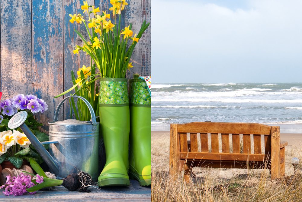 Collage: image of gardening boots and tools next to image of bench at the beach