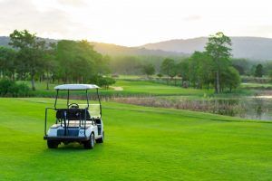 Golf cart parked on the green lawn of a beautiful golf course