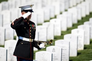 Bugler in uniform saluting in a national cemetery