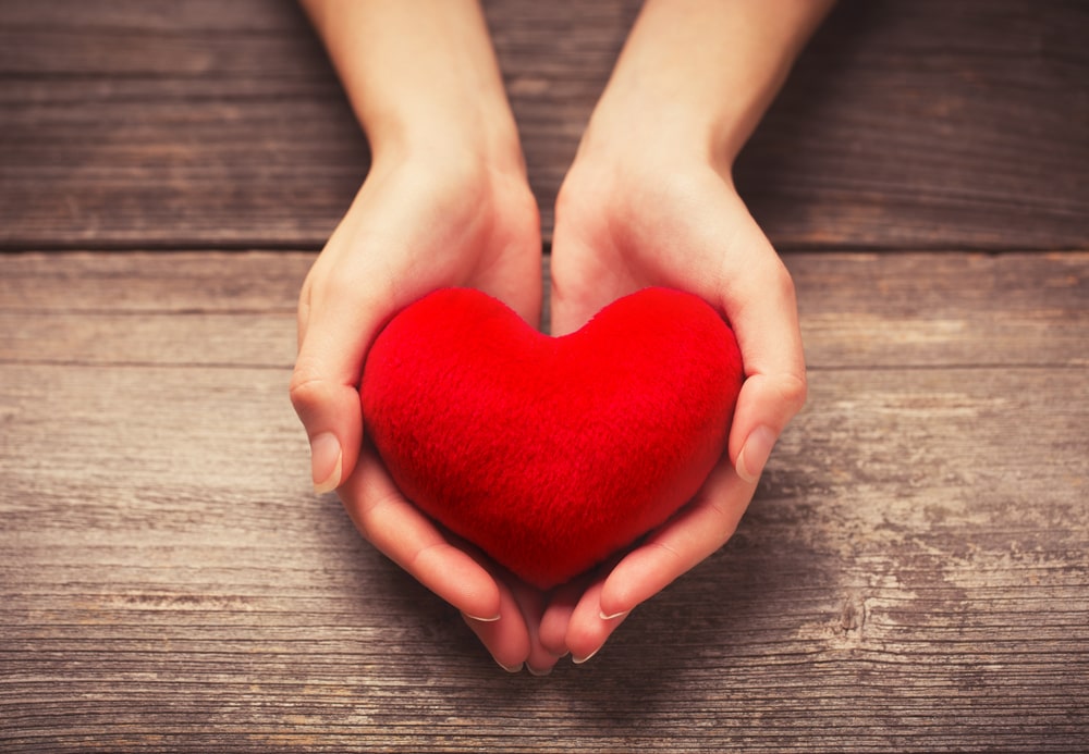 A young person cradling a red, plush heart in hands