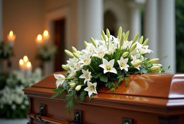 Casket spray of white lilies resting on top of wooden casket