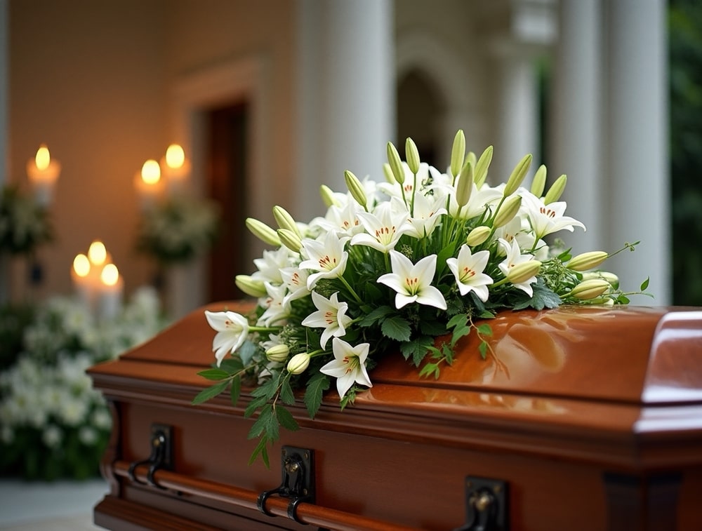 Casket spray of white lilies resting on top of wooden casket