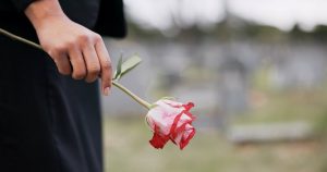Woman in black dress holding pink rose while in cemetery