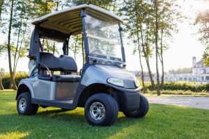 Golf cart parked on a lawn