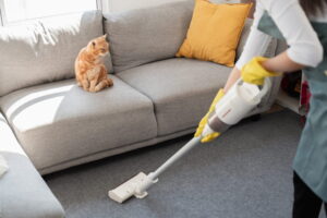 Woman vacuuming living room to help grieving friend; orange cat sitting on couch