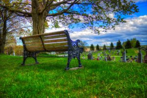 Bench overlooking a cemetery on a beautiful day
