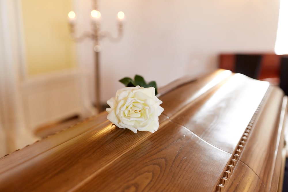 Cover of a casket with a white rose laid on top