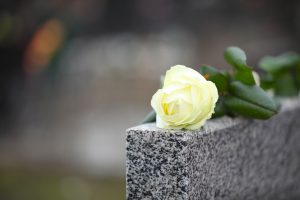 white rose resting on top of gray granite headstone