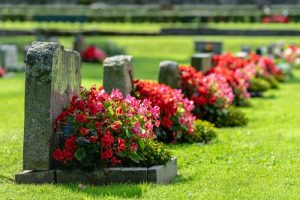 graves with bright red and pink flowers