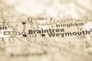 Sepia-toned map of the Braintree and Weymouth area where the Adamses lived