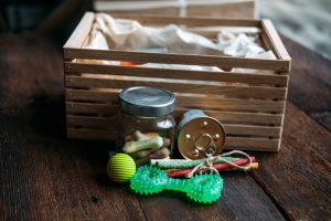 Crate of a pet's belongings like toys