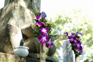 Purple flowers at a loved one's grave