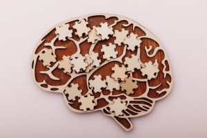 Wooden brain with puzzle pieces on top of it