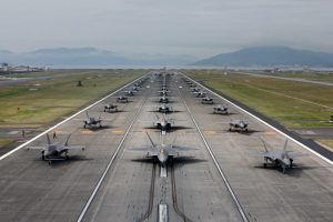 Runway filled with Air Force fighter jets