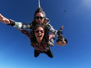 Two people skydiving together