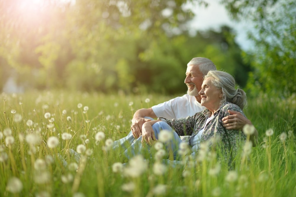Older happy couple sitting in a green field of dandelions