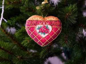 Red, cross-stitched heart ornament