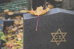 yellow leaf resting on top of a granite headstone with the Star of David engraved on it