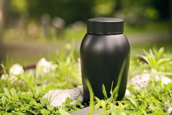 Black urn sitting outside in a natural setting