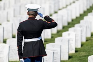 Man in uniform saluting the buried at a national cemetery