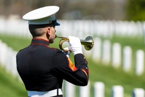 Military bugler in uniform standing in a national cemetery