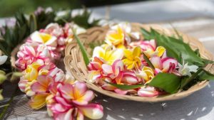 Hawaiian leis resting in a woven basket