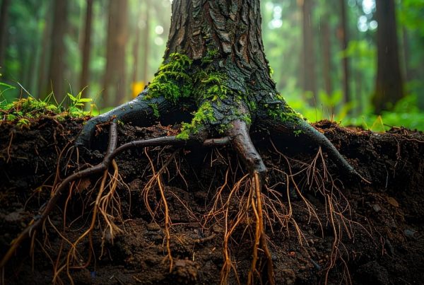 Root system of moss-covered tree in a forest