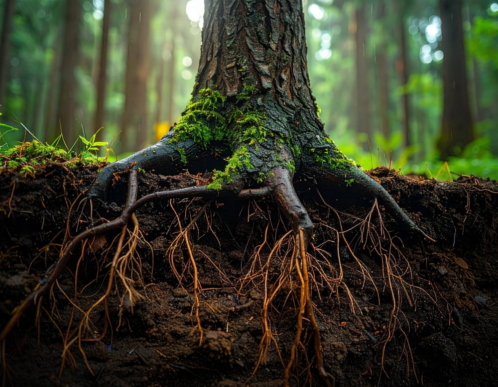 Root system of moss-covered tree in a forest
