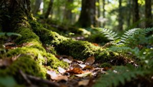 Forest floor with tree trunks, ferns, moss, and dried, brown leaves