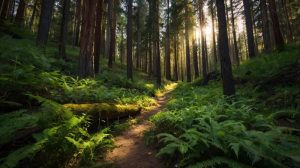 Forested area in shadow with glimpses of sunlight peeking through