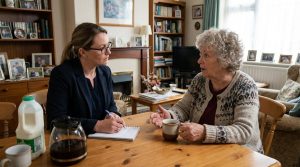 Female celebrant meeting a woman at her home to talk about the funeral