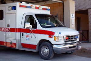 Part of a parked ambulance.