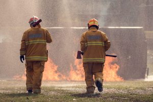 The back of two firefighters walking towards a fire.