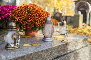 flowers and lanterns on a marble stone