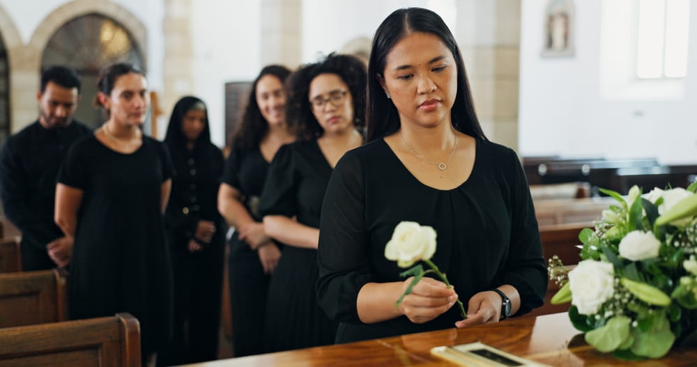 People dressed in black, standing in line by a casket.