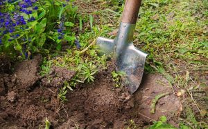 A shovel digging into the ground for green burial